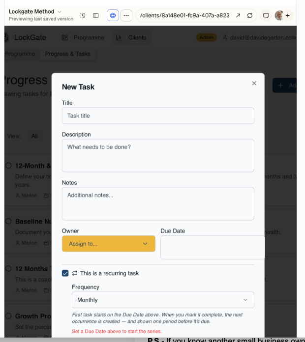 New Task modal in the LockGate tracker with recurring task option