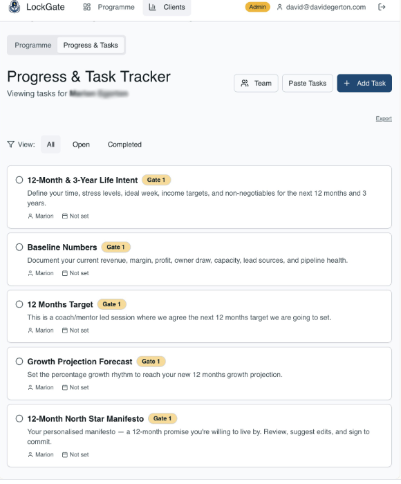 LockGate Progress & Task Tracker dashboard showing gate-based task list